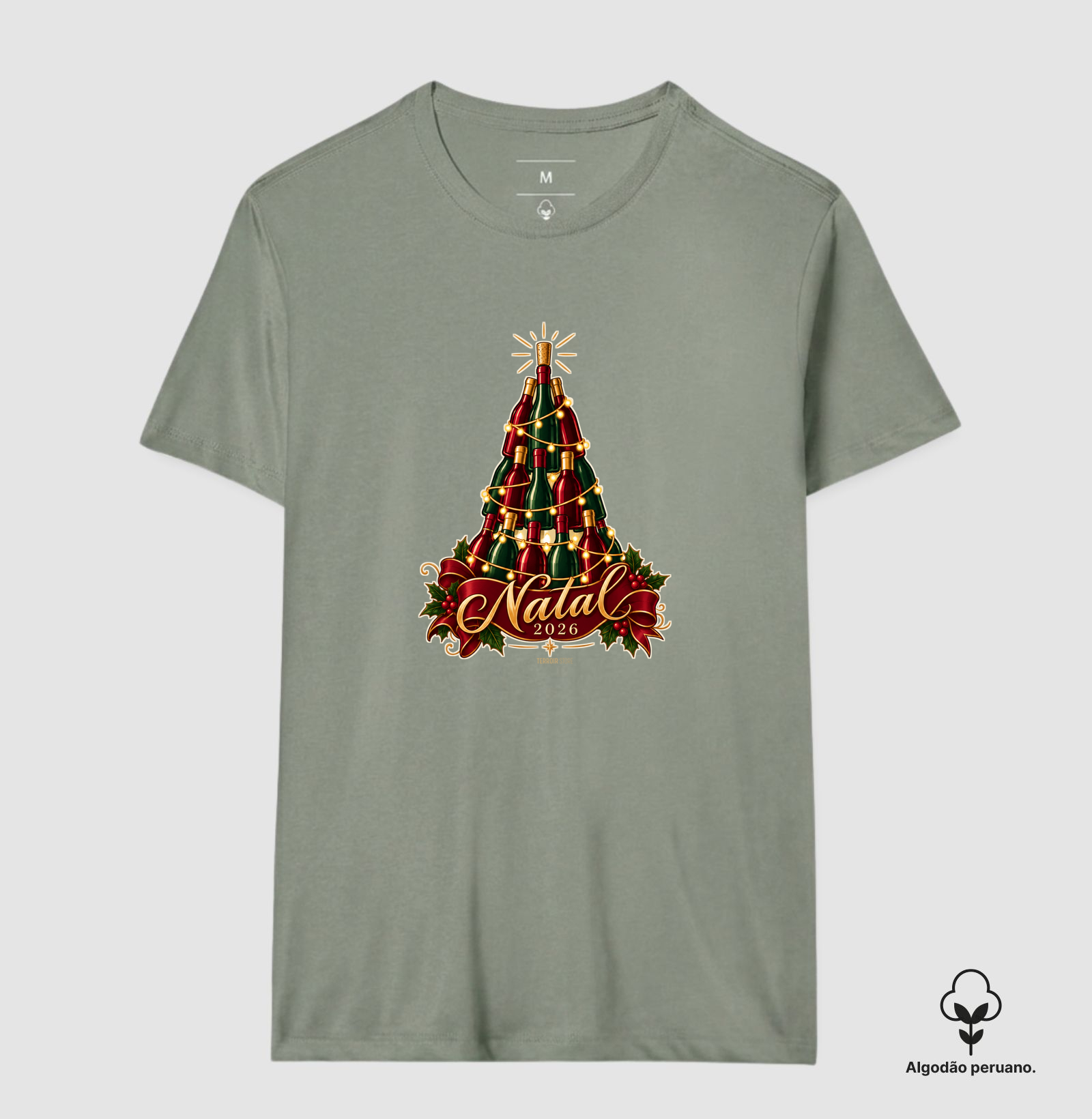 Camiseta Algodão Peruano Natal 2026 – Árvore de Garrafas de Vinho - Imagem 4