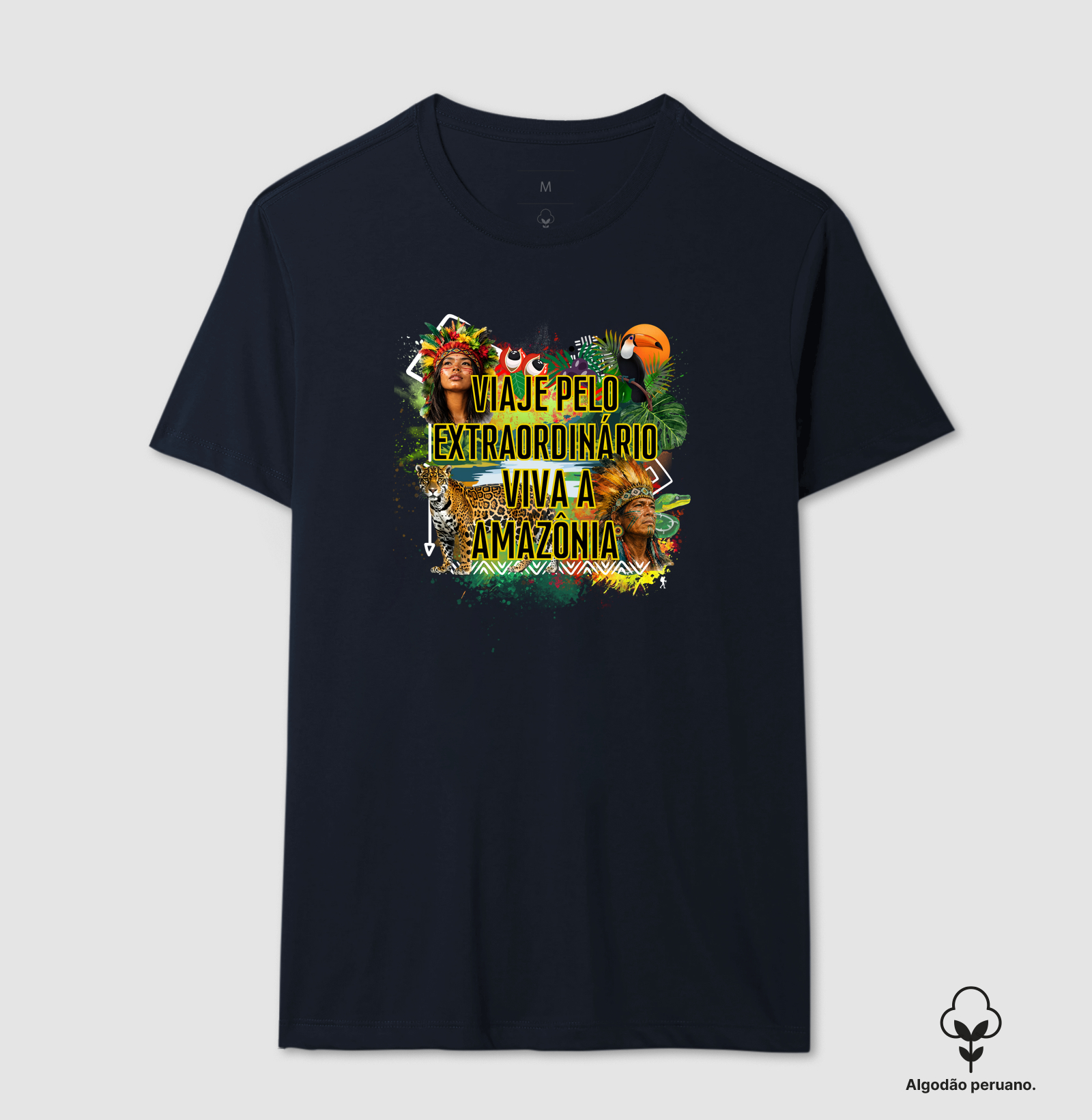 Camiseta Viaje pelo Extraordinario Viva a Amazonia | Onca Tucano Indigena | Colecao Viciados em Viagem - Imagem 2