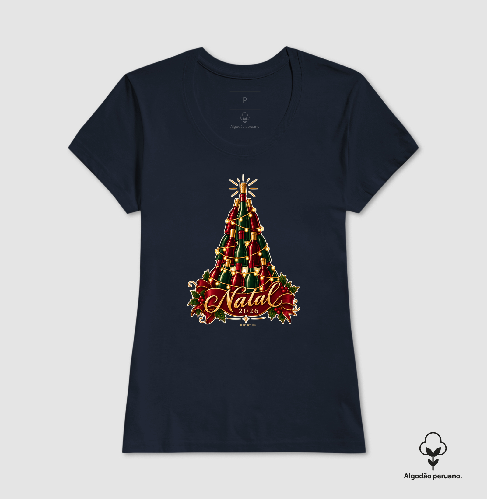 Camiseta Algodão Peruano Natal 2026 – Árvore de Garrafas de Vinho - Imagem 3