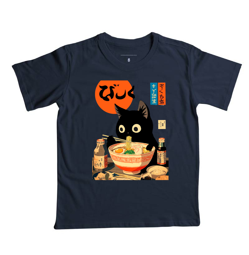 Camiseta Infantil Gato Comendo Ramen Japones - Algodão Penteado  - Imagem 3