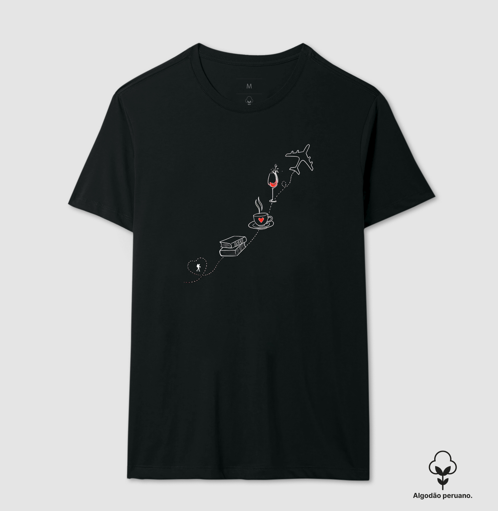 Camiseta Livro Cafe Vinho Aviao | Rota da Vida Viajante | Colecao Viciados em Viagem - Imagem 2