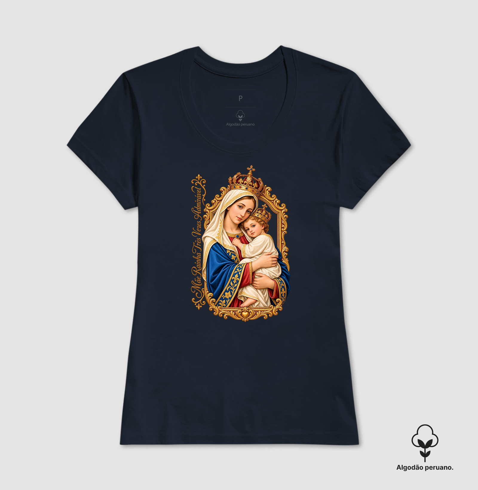 Camiseta Mãe Rainha Três Vezes Admirável Com Menino Jesus - Imagem 9