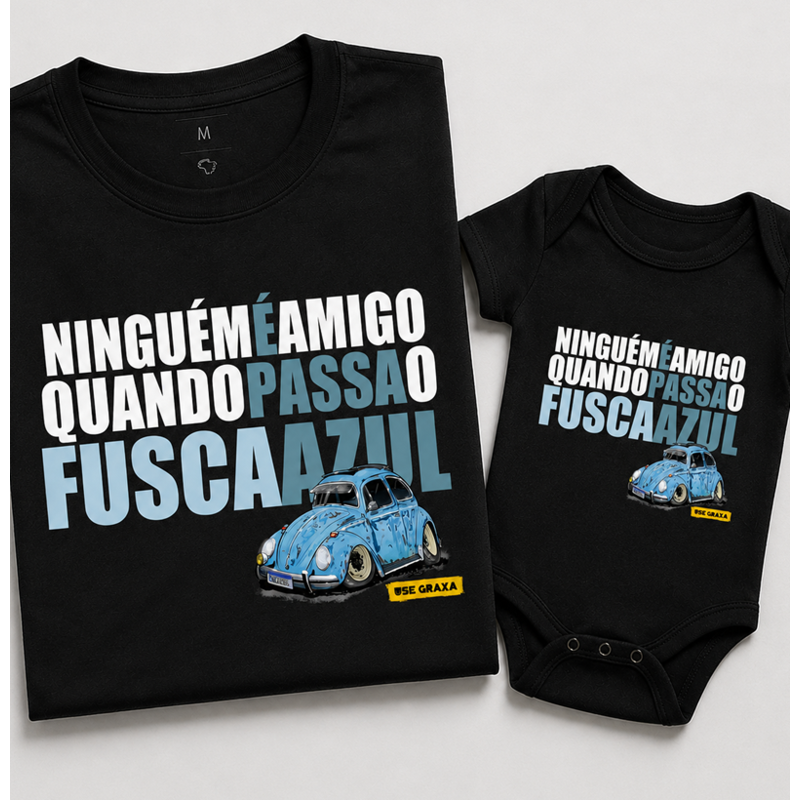 Kit Pai e Filho Fusca Azul Acabou a Amizade LobBlue (1 camiseta Pai e 1 body Filho)