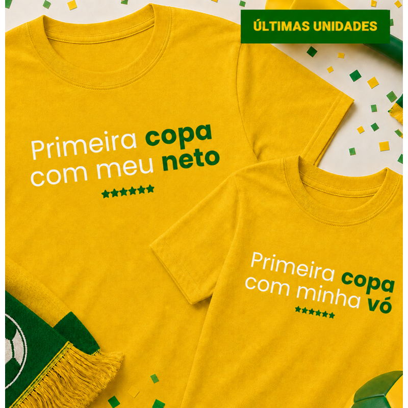 Kit vó e neto (1 camiseta PRIMEIRA COPA COM MEU NETO e 1 camiseta infantil PRIMEIRA COPA COM MINHA VÓ)