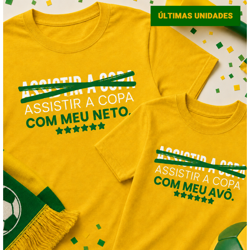 Kit vô e neto (1 camiseta COPA COM MEU NETO e 1 camiseta infantil ASSISTIR A COPA COM MEU AVÔ)