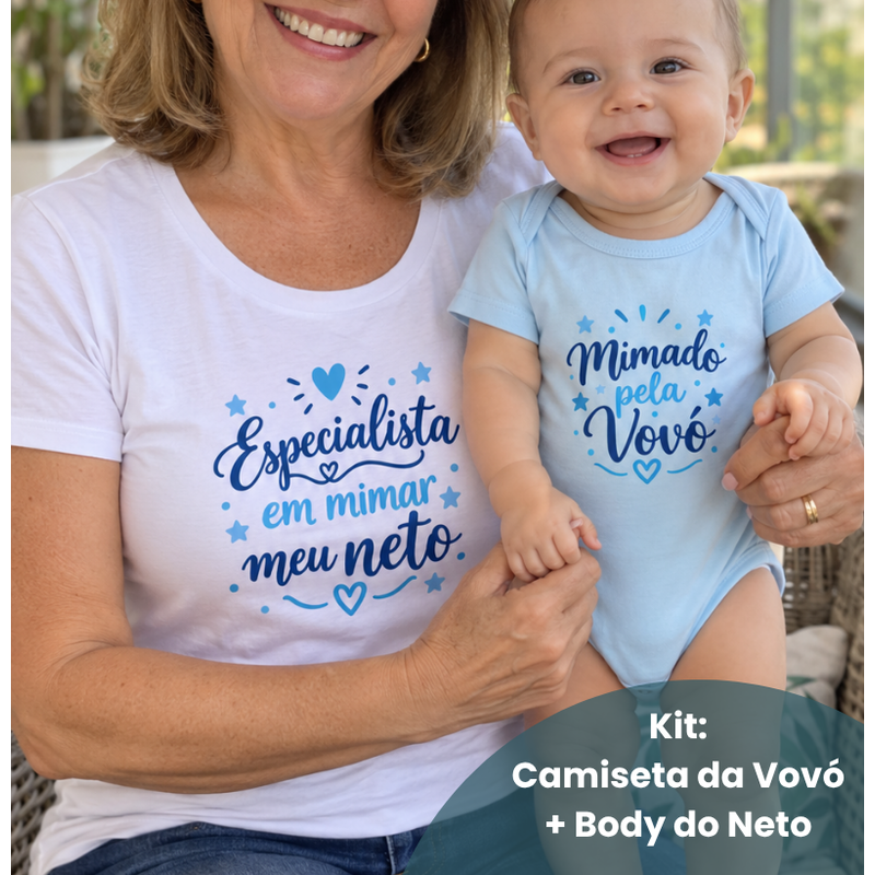 Kit Camiseta + Body: Especialista em mimar meu neto (Vovó) & Mimado pela Vovó (Body bebê)