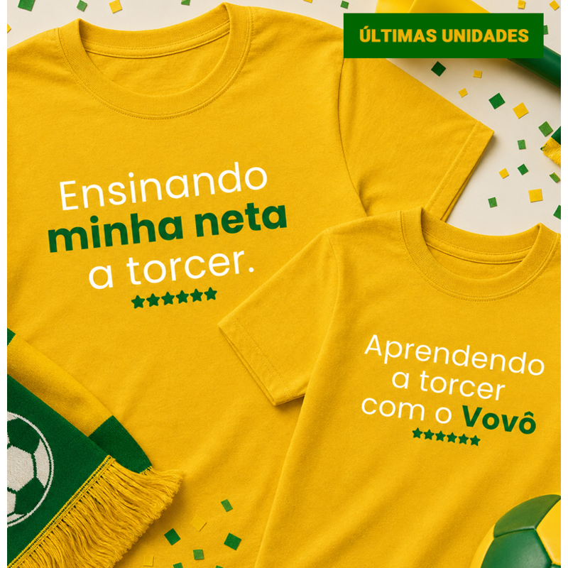 Kit vô e neta (1 camiseta ENSINANDO MINHA NETA e 1 camiseta infantil APRENDENDO A TORCER COM O VOVÔ)