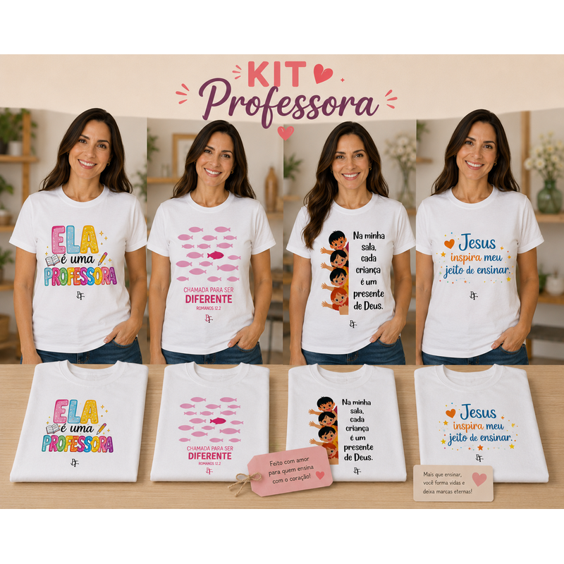 Kit Professora com Propósito – 4 Camisetas Cristãs para Professoras