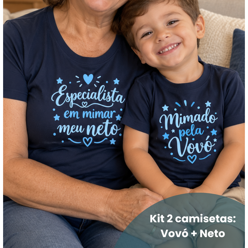 Kit Camiseta adulta + infantil: Especialista em mimar meu neto (Vovó) & Mimado pela Vovó (infantil)