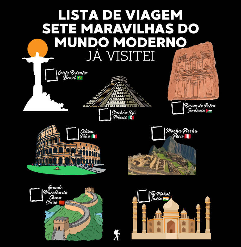 Camiseta Lista de Viagem Sete Maravilhas do Mundo Moderno | Marque as que Ja Visitou | Colecao Personalizaveis - Imagem 2