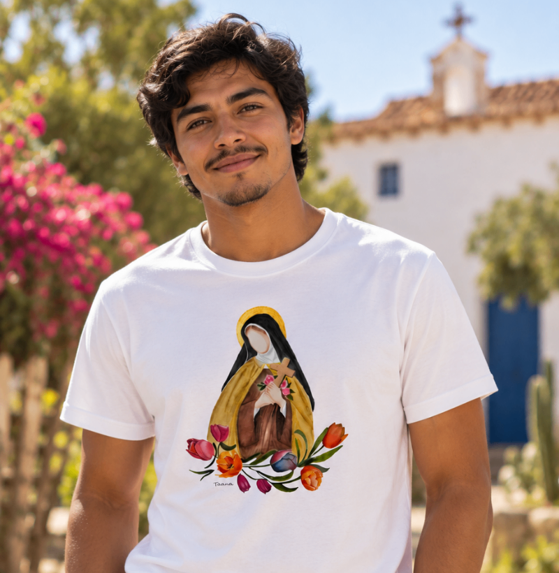 Camiseta Santa Terezinha das Rosas – Arte em Aquarela Taana de Sousa Araújo Algodão Peruano - Imagem 3