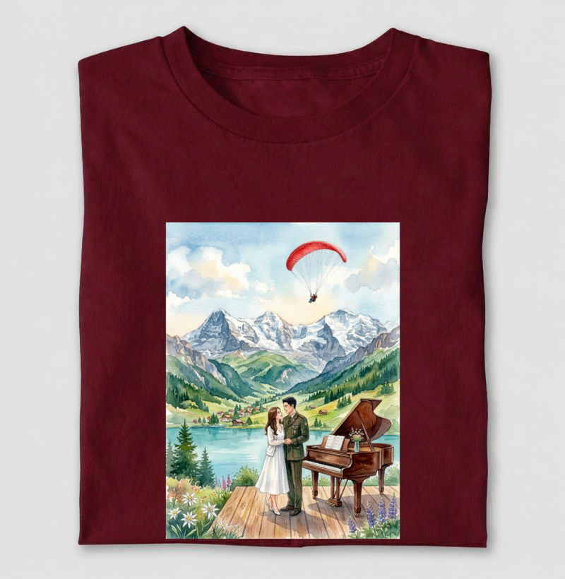 Camiseta aquarela - Suíça, piano, coreia do sul e do norte, casal, pousando - Imagem 4