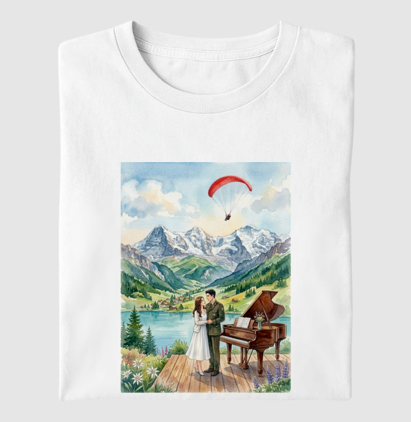 Camiseta aquarela - Suíça, piano, coreia do sul e do norte, casal, pousando - Imagem 3