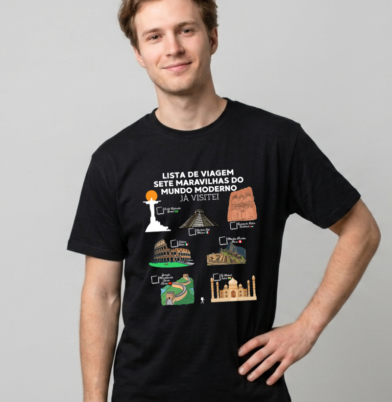 Camiseta Lista de Viagem Sete Maravilhas do Mundo Moderno | Marque as que Ja Visitou | Colecao Personalizaveis - Imagem 4