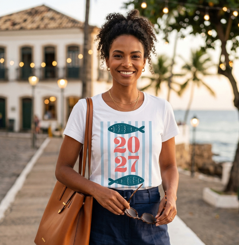 Camiseta Ano Novo 2027 Peixe Mediterrâneo Algodão Peruano - Imagem 2
