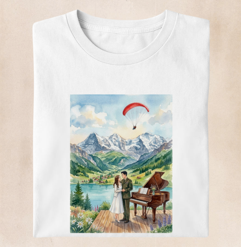 Camiseta aquarela - Suíça, piano, coreia do sul e do norte, casal, pousando - Imagem 2
