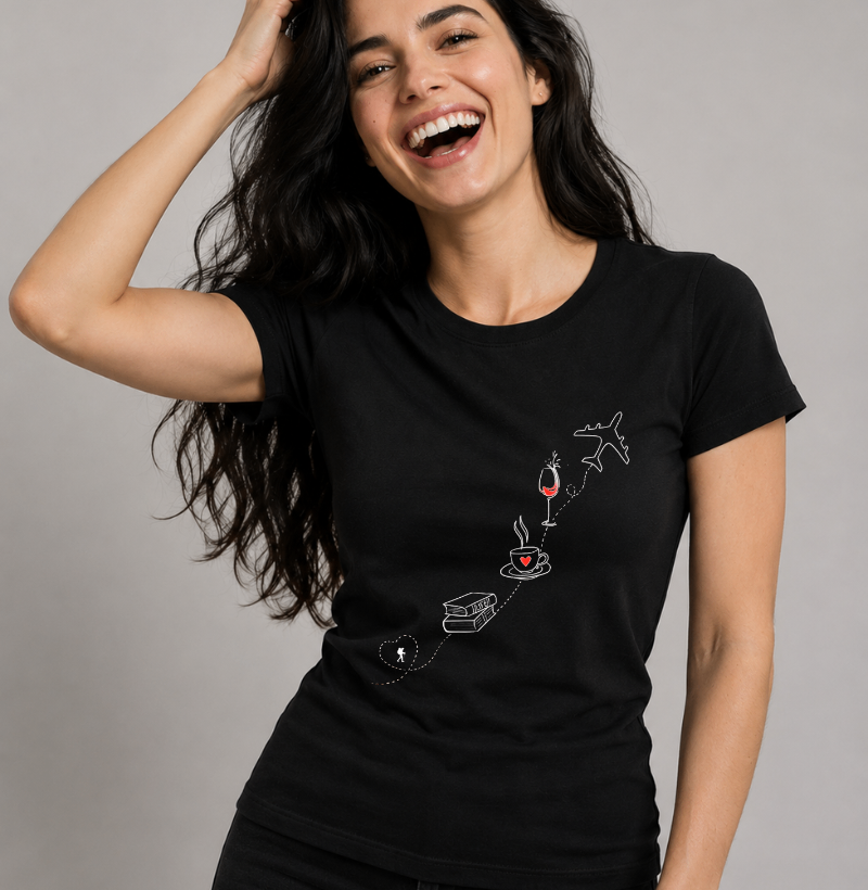Camiseta Livro Cafe Vinho Aviao | Rota da Vida Viajante | Colecao Viciados em Viagem - Imagem 3