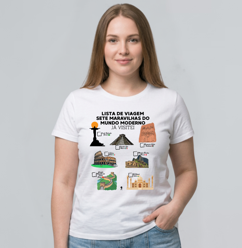 Camiseta Lista de Viagem Sete Maravilhas do Mundo Moderno | Marque as que Ja Visitou | Colecao Personalizaveis - Imagem 3
