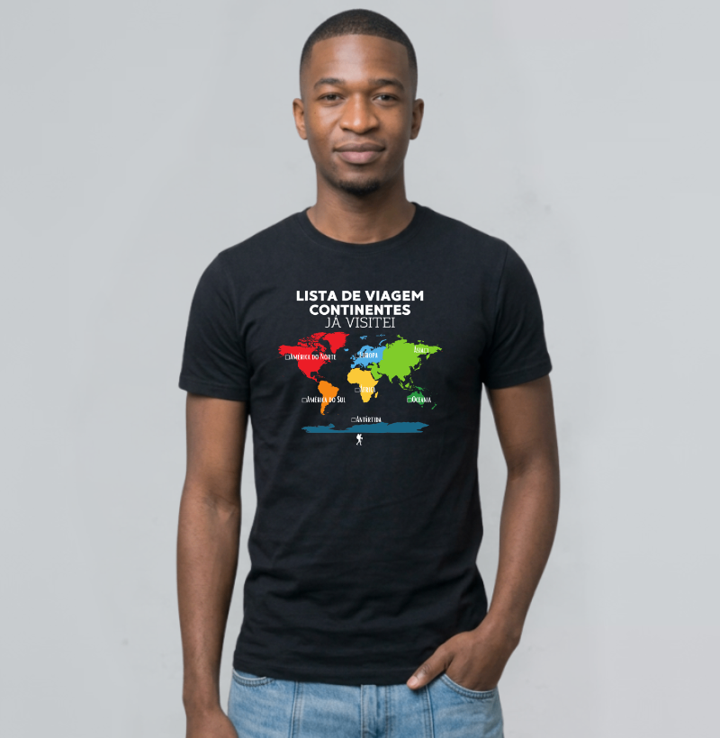 Camiseta Lista de Viagem Continentes Ja Visitei | Mapa Mundi Auto Personalizavel | Colecao Personalizaveis - Imagem 3