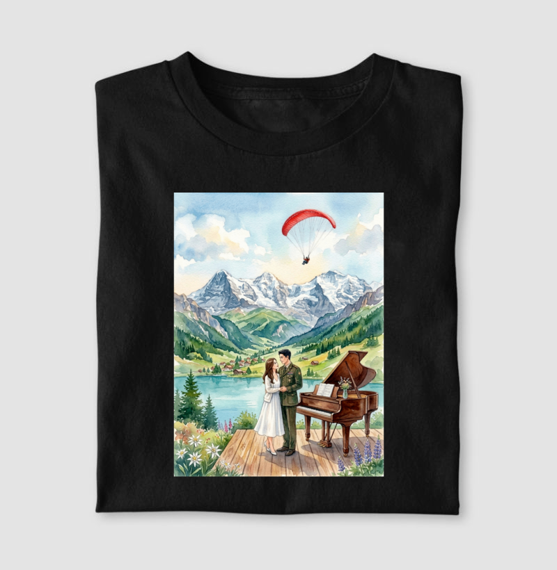 Camiseta aquarela - Suíça, piano, coreia do sul e do norte, casal, pousando - Imagem 2