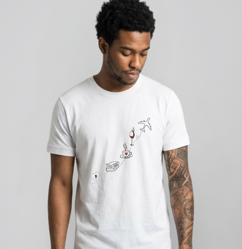 Camiseta Livro Cafe Vinho Aviao | Rota da Vida Viajante | Colecao Viciados em Viagem - Imagem 4