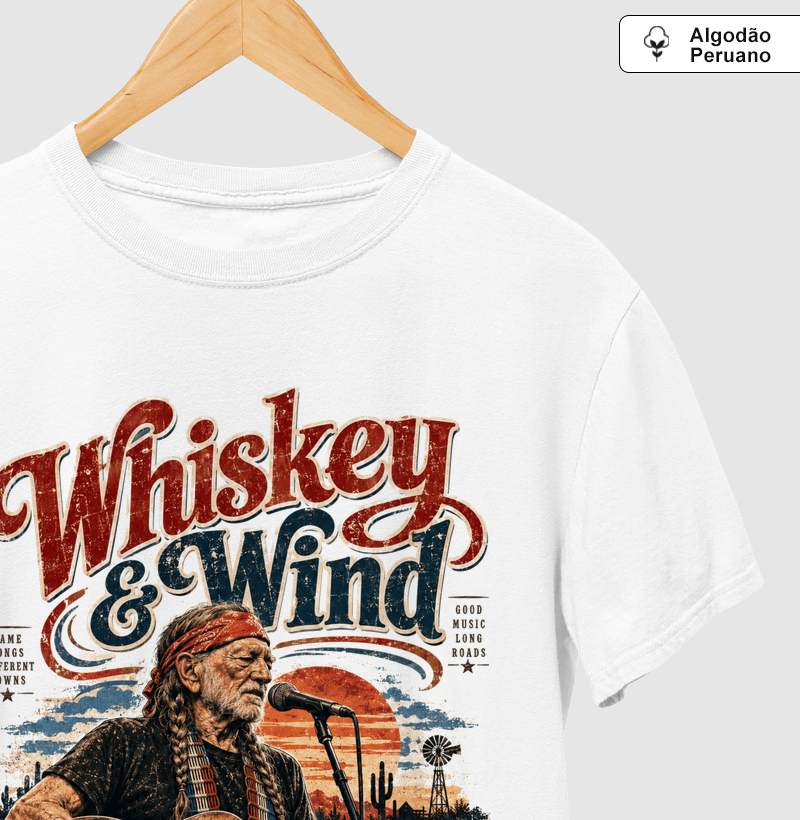 Camiseta Country Masculina E Baby Look Feminina Whiskey & Wind Willie Nelson Dustler South Co. Algodão Peruano Premium - Imagem 2