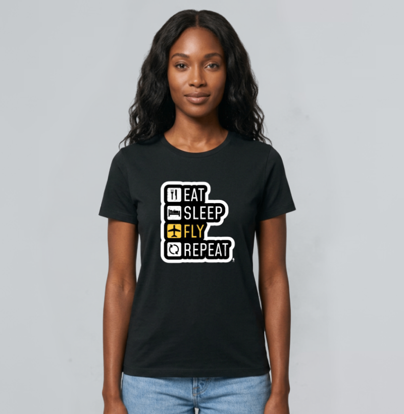 Camiseta Eat Sleep Fly Repeat | Rotina do Viajante Viciado | Colecao Viciados em Viagem - Imagem 3