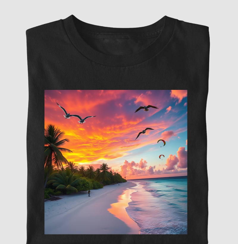 Coleção Praias - Entardecer com Gaivotas e Parapente