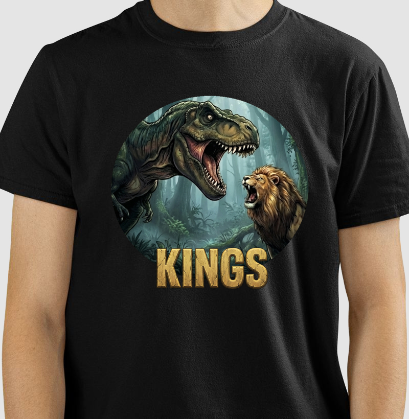 Camiseta Dinossauro Kings - T-rex vs Leão Algodão Premium Dinoloco