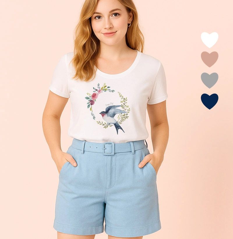 Camiseta Feminina Ilustrada Pássaro e Flores II