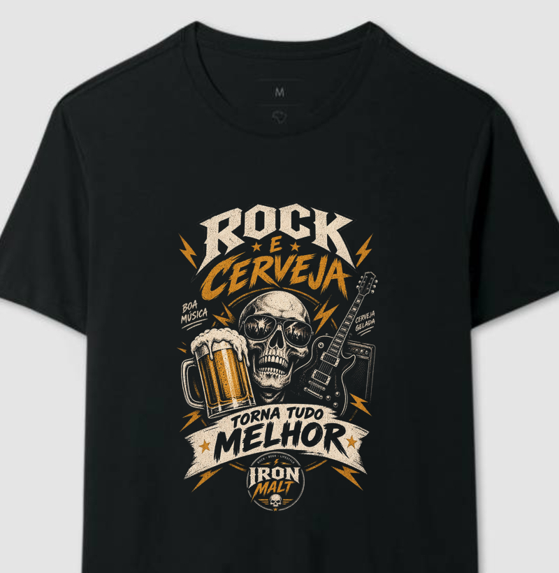 Camiseta Rock e Cerveja Caveira com Guitarra – Estilo Rock’n Roll | Iron Malte - Camiseta