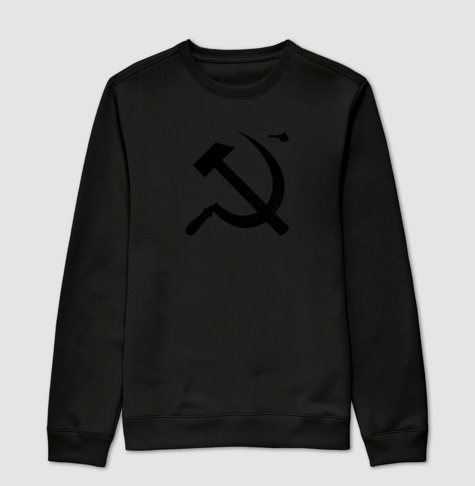 Subliminar Foice e Martelo (camiseta preta com estampa preta, visível dependendo da intensidade e ângulo da luz)