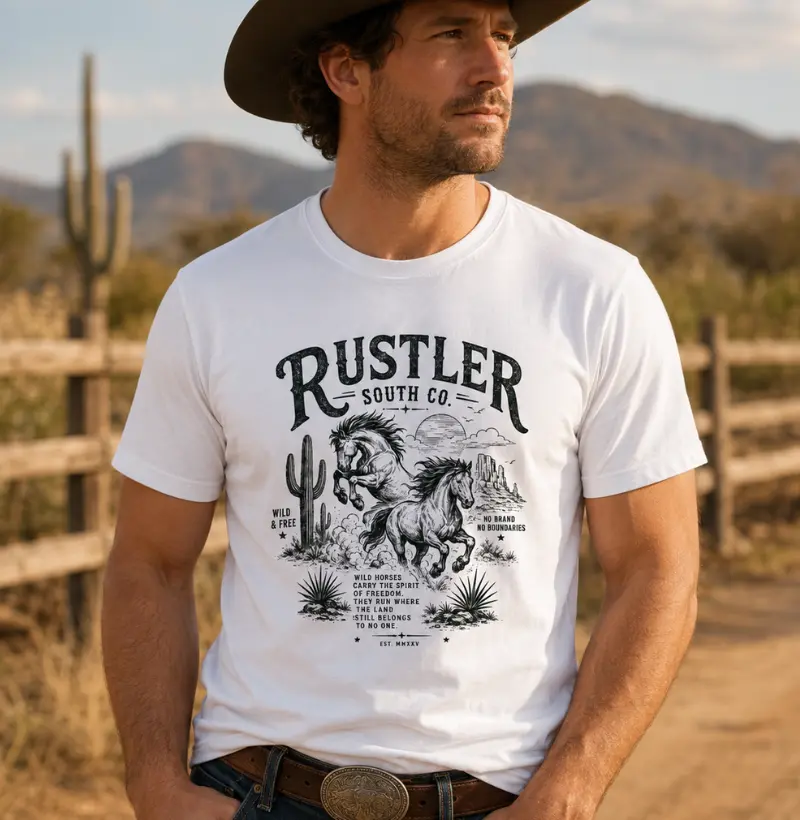 Camiseta Country Algodão Peruano Masculina e Feminina Rustler Wild & Free Horses