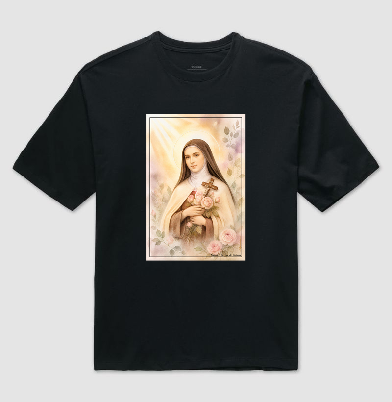 Santa Teresinha do Menino Jesus - Arte em Aquarela com Rosas - Camiseta Oversized