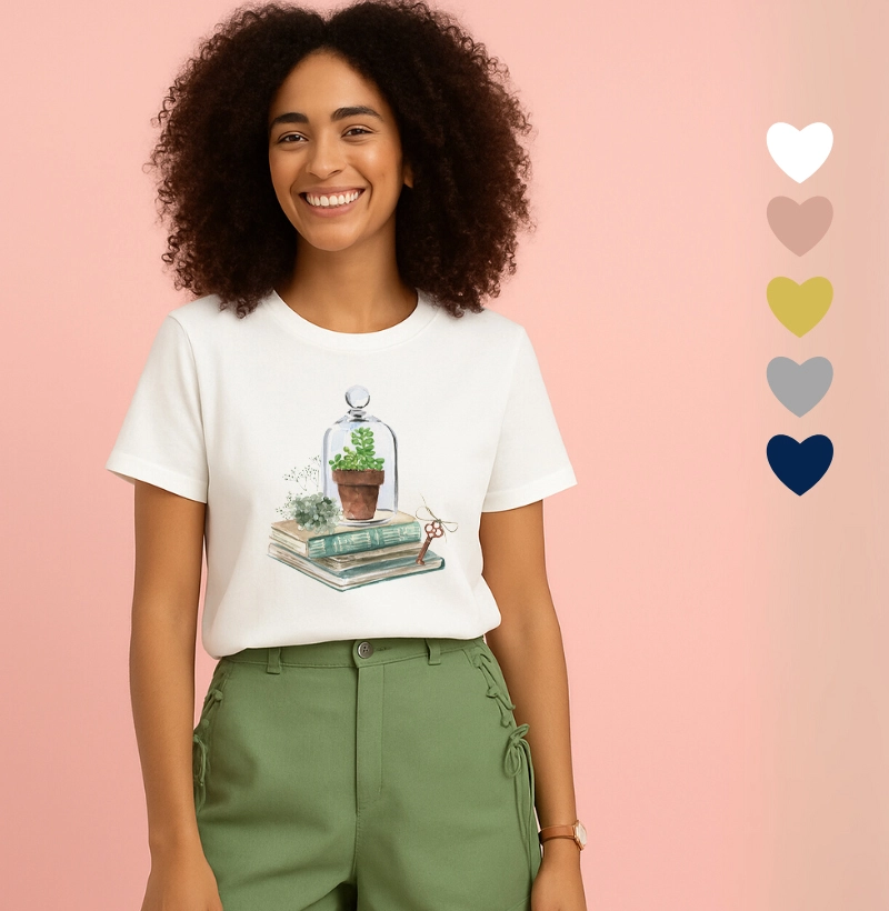 Camiseta Feminina Ilustrada Livro e Vaso