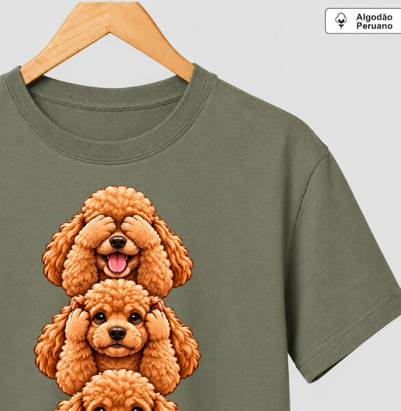 Ver, ouvir e falar versão Poodle - Camiseta Algodão Peruano