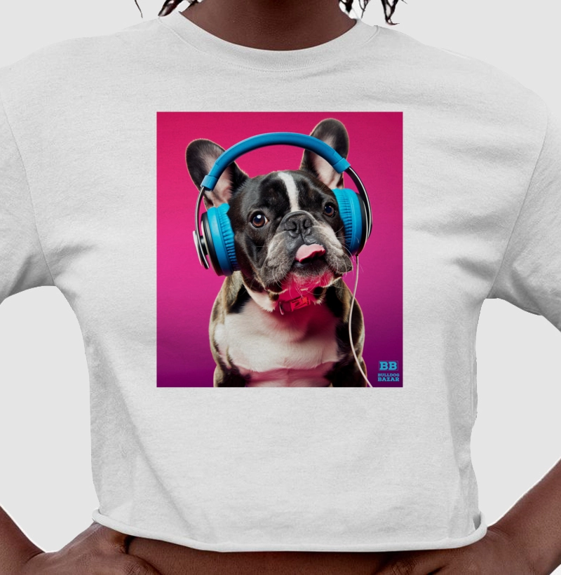 Camiseta Cropped Bulldog Frances "Headphones"