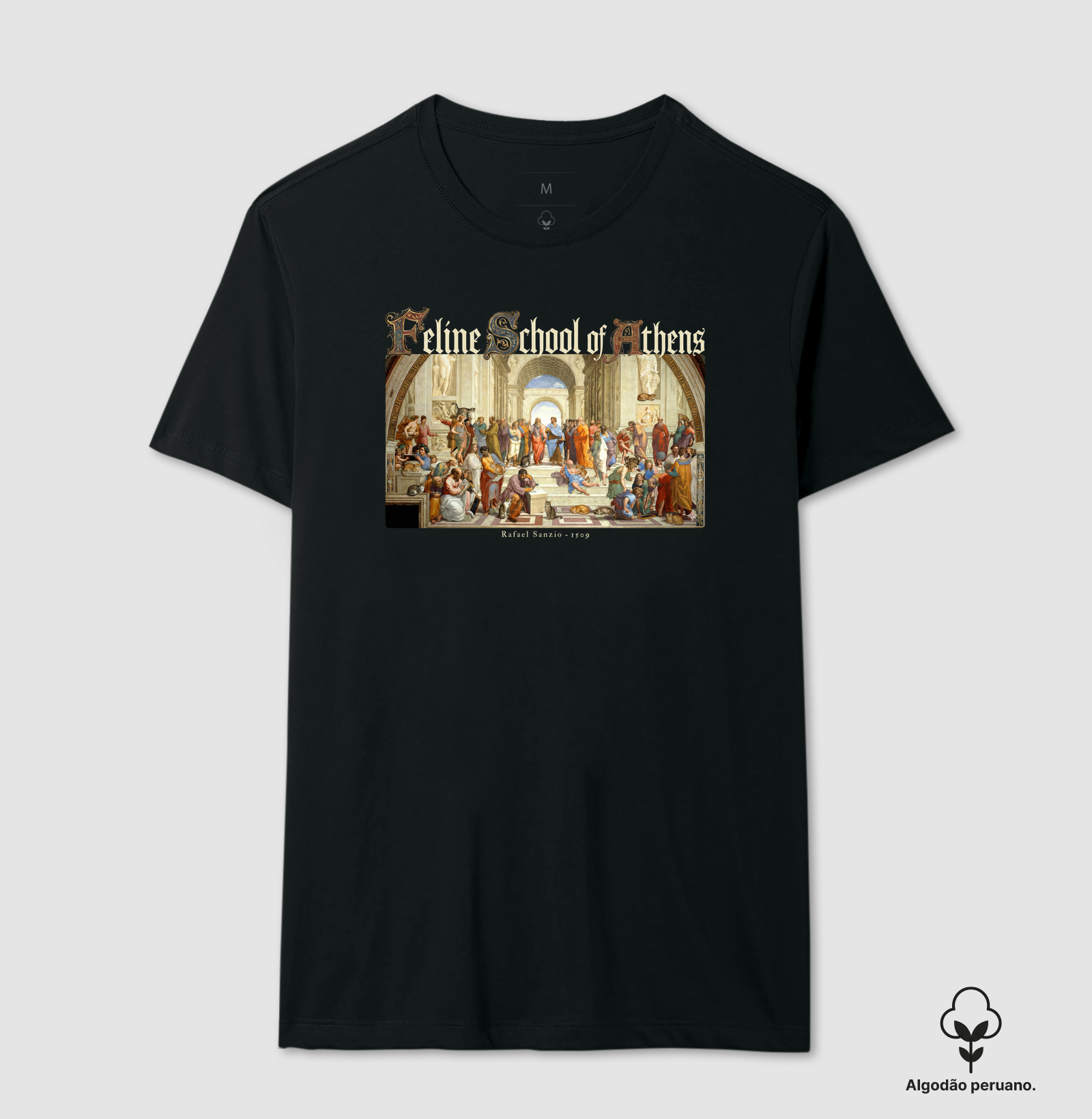Feline School of Athens - Rafael Sanzio - Camiseta Algodão Peruano