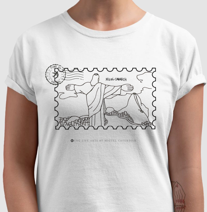 Camiseta Adulto Cartão Postal Cristo Branca by Miguel Cavendish 