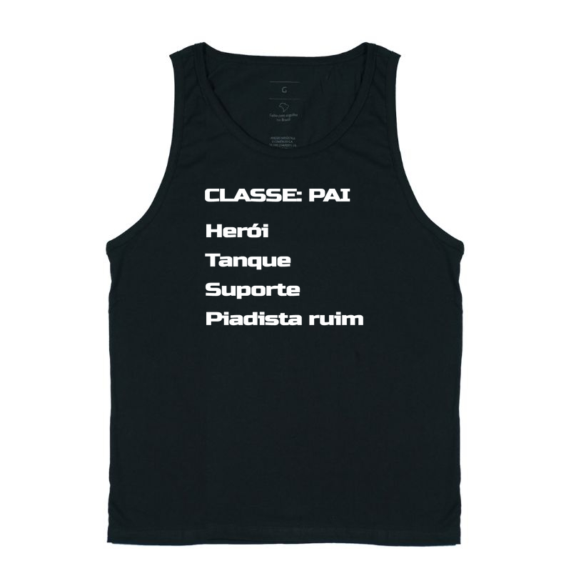 Camiseta Gamer Classe: Pai – Herói, Tanque, Suporte e Piadista Ruim