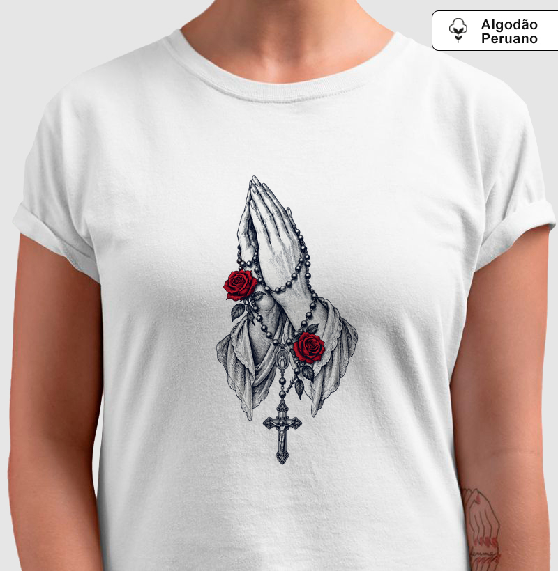 Nossa Senhora do Rosário Mãos e o Terço - Algodão Peruano - Camiseta Algodão Peruano
