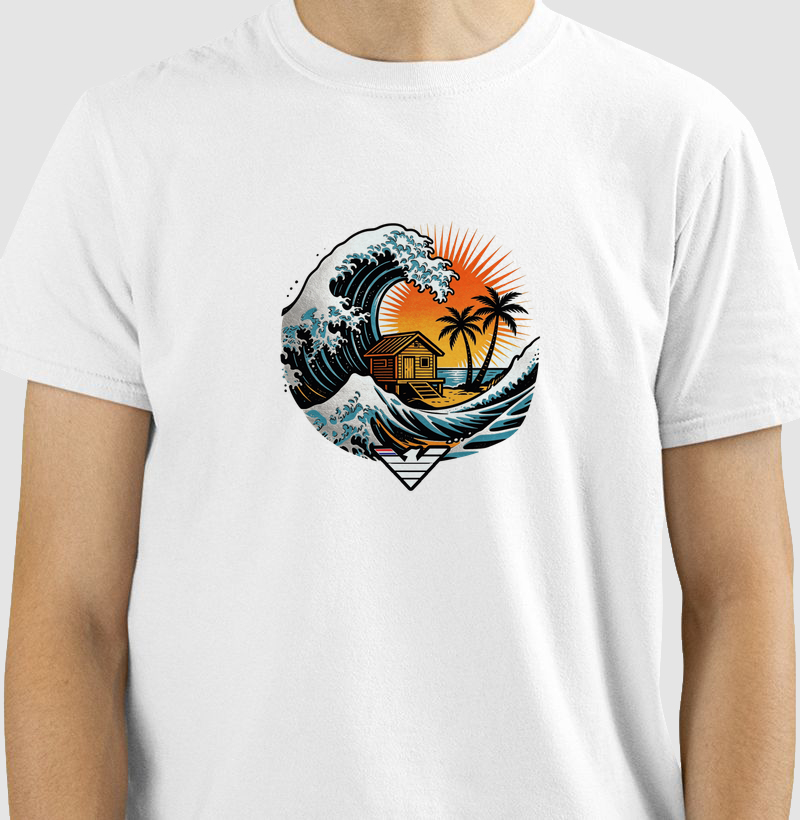 Casa no paraíso - estampa exclusiva Lahu. Onde o mar abraça o lar - vibe, força e brasilidade em cada traço! Sente a força do mar, o calor do sol nas costas e aquela sensação de chegar no lugar onde pertence. - Camiseta