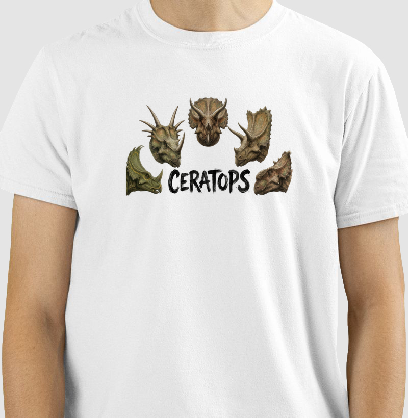 Camiseta Dinossauro Ceratops Branca Algodão Premium Dinoloco