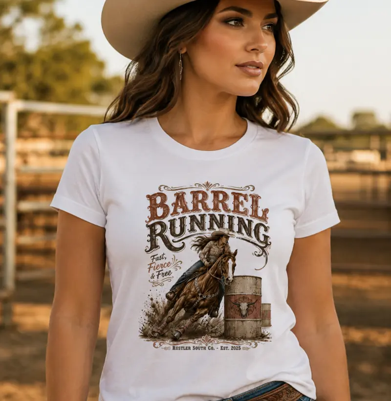 Camiseta Country Feminina Barrel Running Rustler South Co