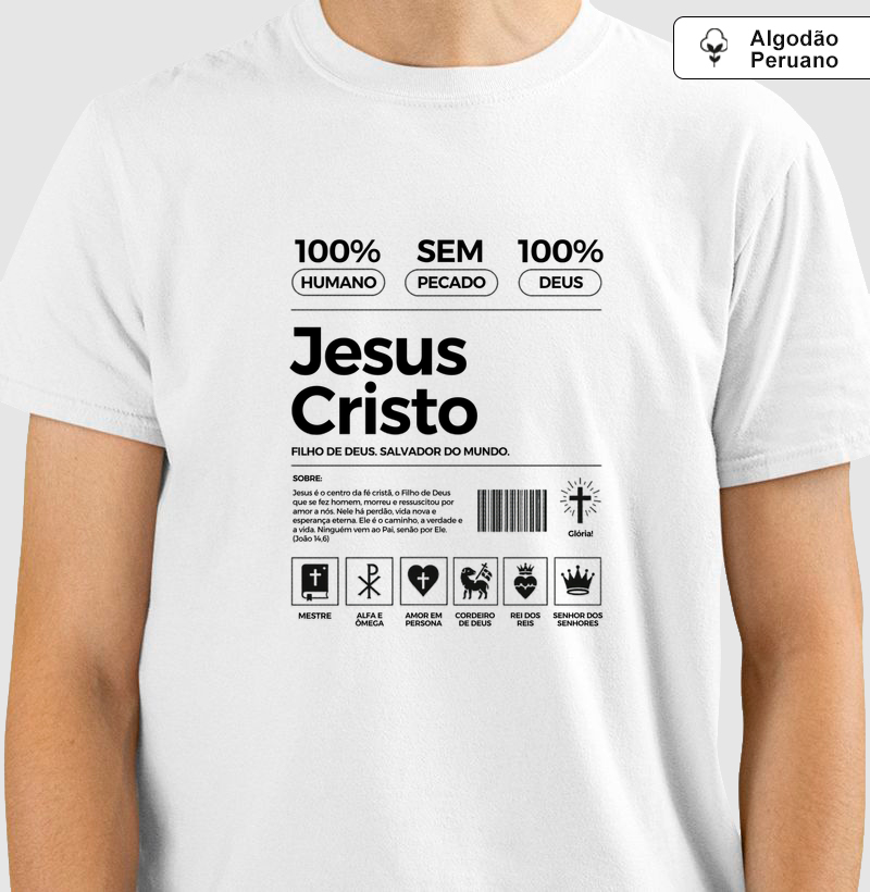 Camiseta Algodão Peruano Jesus Cristo Filhos de Deus Salvador do Mundo