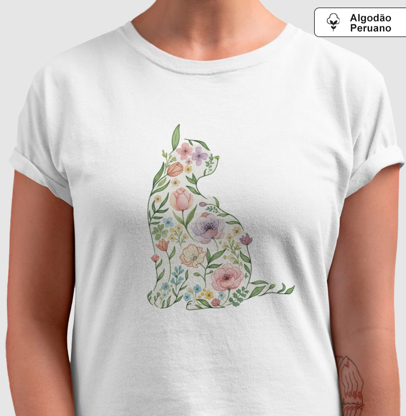 Camiseta Algodão Peruano - Gato Floral