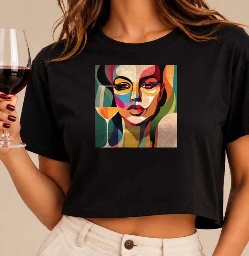Camiseta Arte e Vinho: Retrato Multicolorido - Cropped