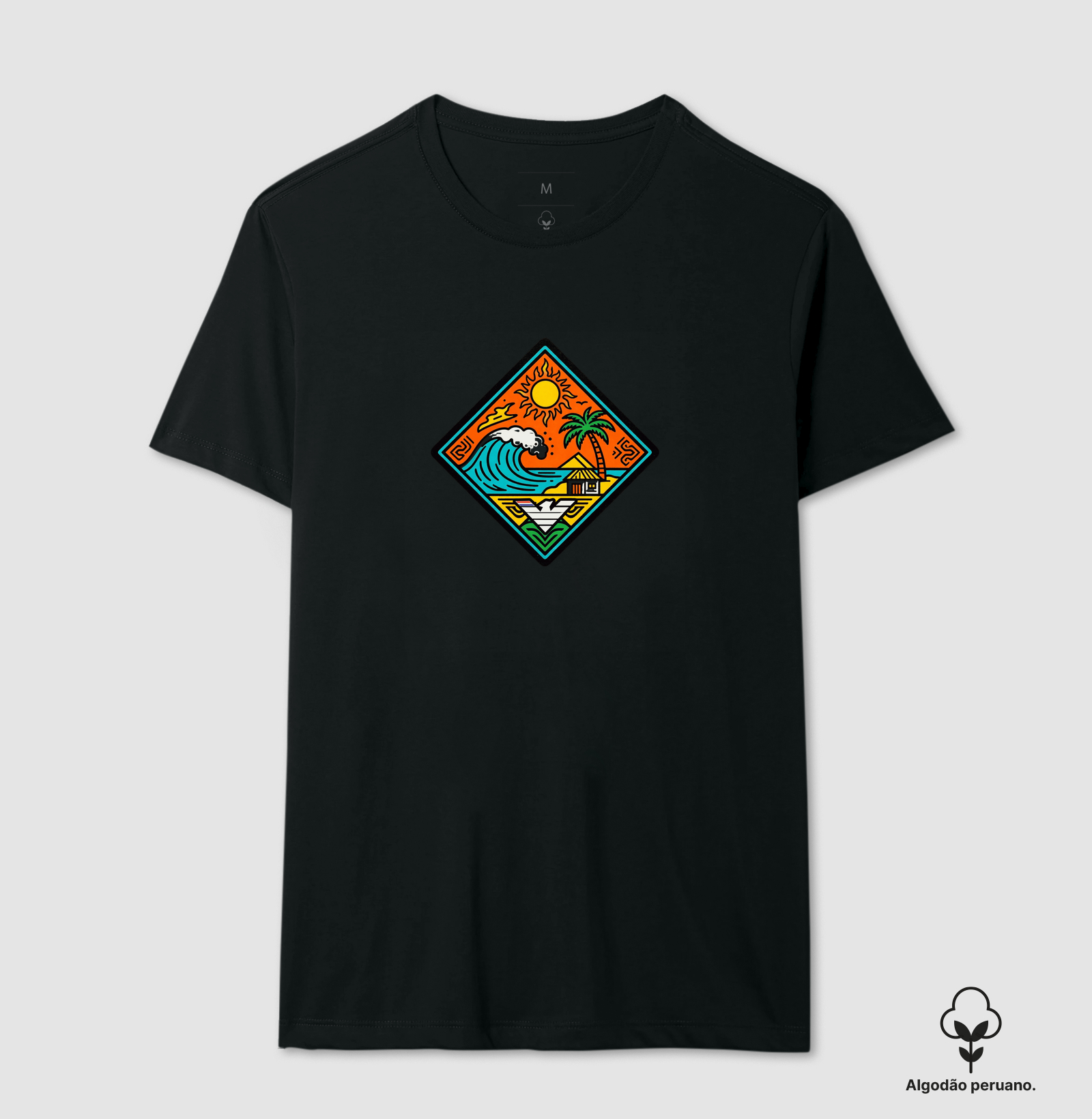 Paraíso do sol e mar - estampa exclusiva LAHU. Sente o calor do sol na pele, a brisa fresca do mar e aquela sensação de paz que só o paraíso traz? Essa estampa captura exatamente esse sentimento. - Camiseta Algodão Peruano
