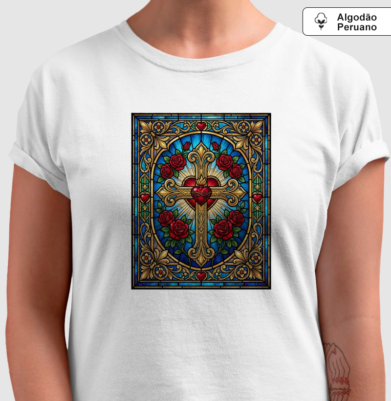 Camiseta Algodão Peruano Sagrado Coração de Jesus Vitral