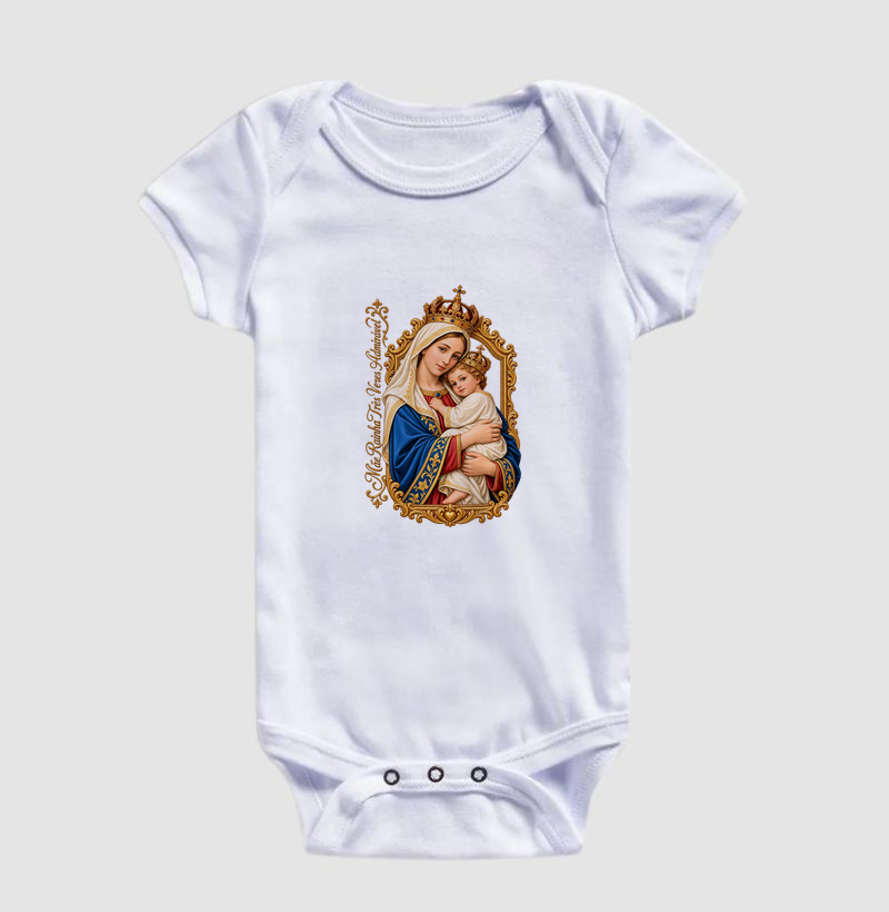 Body Infantil Mãe Rainha Três Vezes Admirável Com Menino Jesus